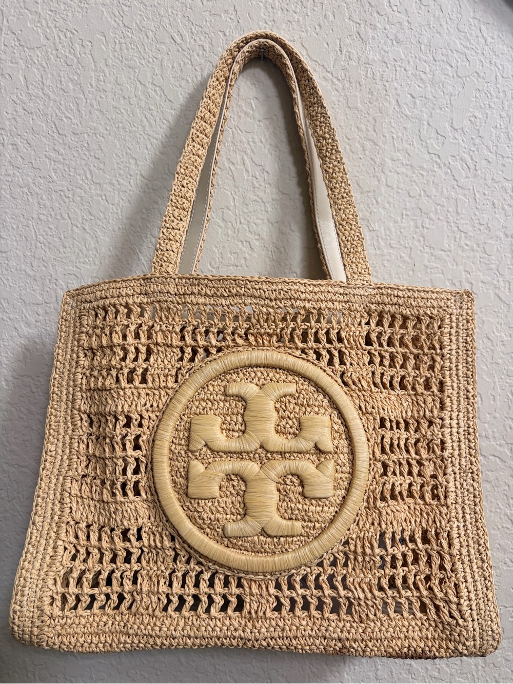 Tory Burch Natural Woven Raffia Tote with Logo